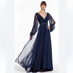 Alyce Paris Women's‎ Sheer Long Sleeve V-Neck Navy Chiffon Sequin Gown 27295- 14